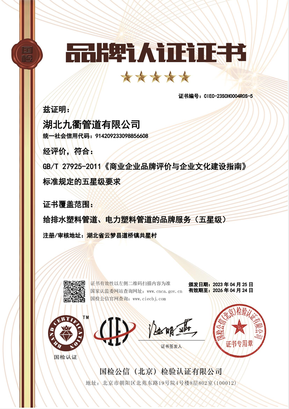 品牌认证证书